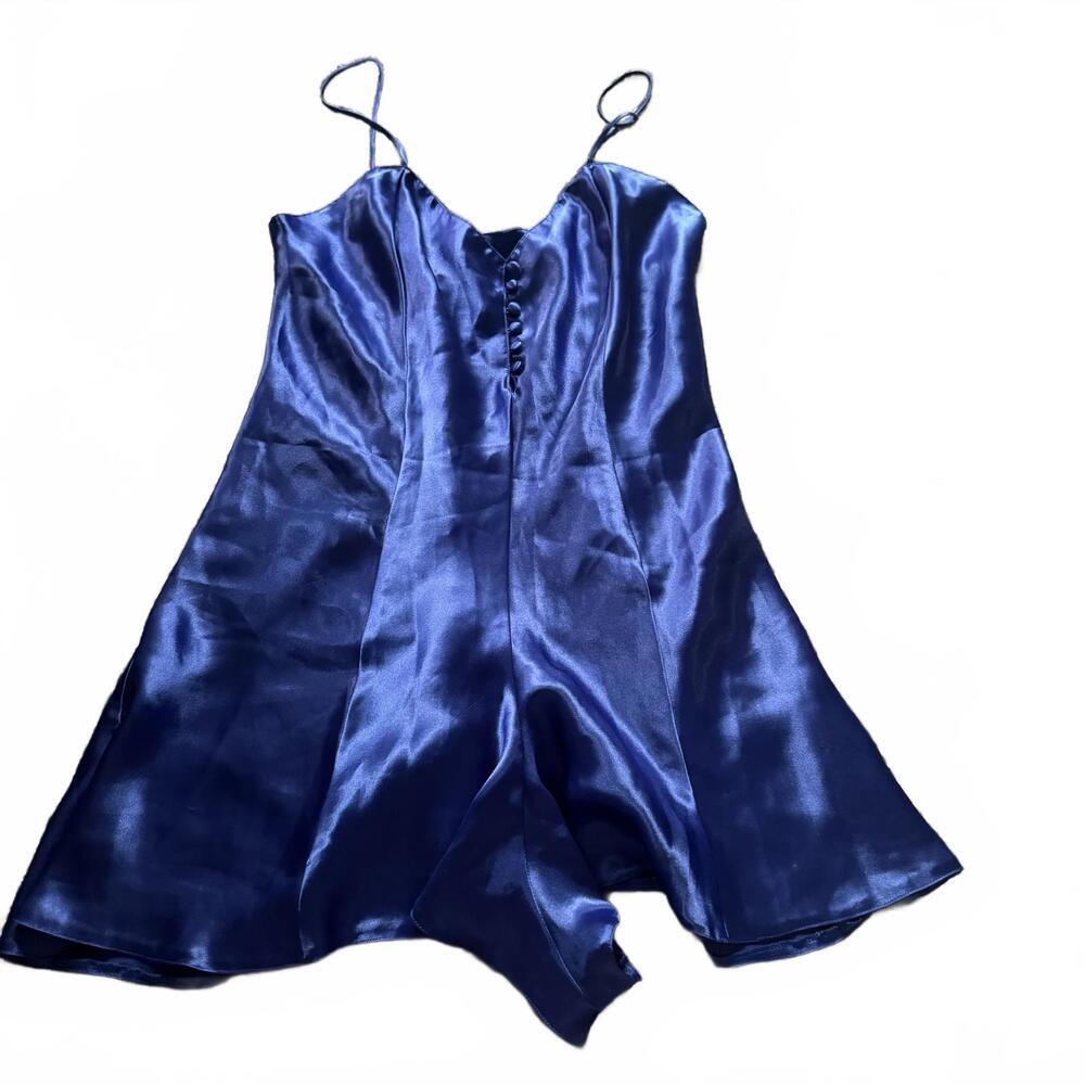 Lingerie Boutique Blue Satin Slip Romper Dress Button Front Size M